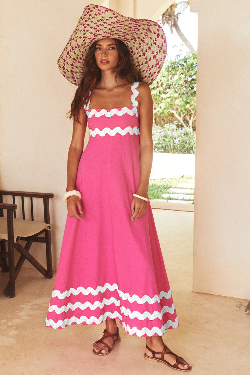 Flowers Print Wavy Pattern Suspender Long Dress