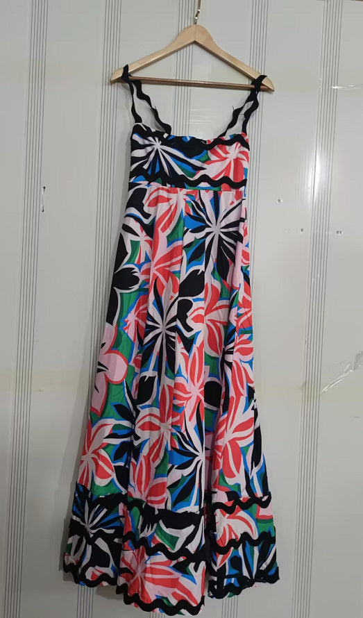 Flowers Print Wavy Pattern Suspender Long Dress